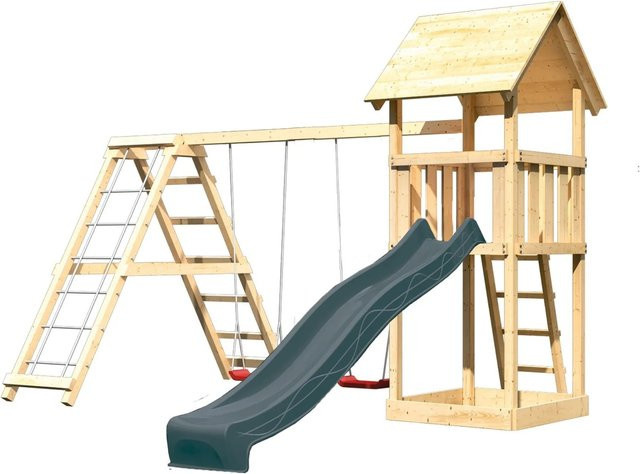 Karibu Spielturm Lotti mit Satteldach, Rutsche, Gerüst und Doppelschaukel in Natur-Anthrazit, B/H/T: 200 x 345 x 200 cm - Bild 1