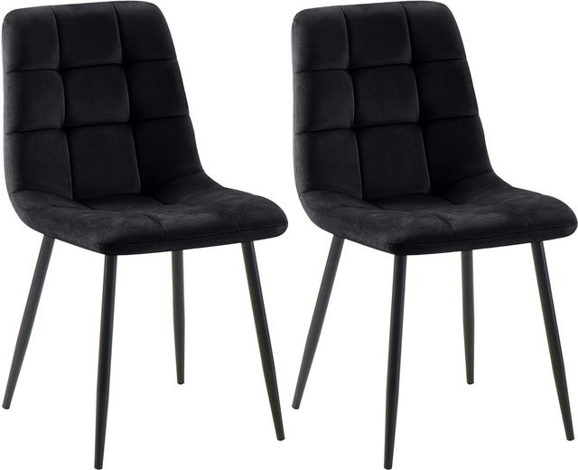 CLP 2er Set Esszimmerstühle Tilde, moderne Polsterstühle mit gestepptem Samtbezug und Metallgestell in Schwarz, bis 150 kg belastbar - Bild 1