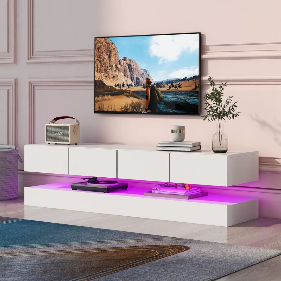 Comanlai LED-TV-Lowboard in Weiß mit 2 Schränken und 4 Schubladen, B/T/H: 130 x 33 x 15 cm - Bild 2
