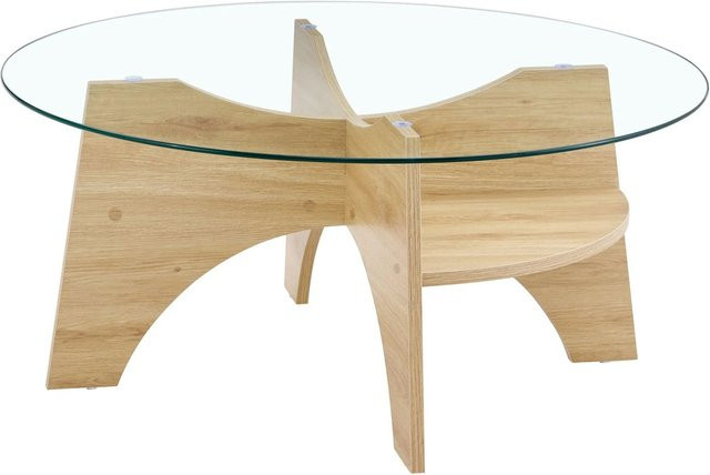 okwish Beistelltisch mit Sicherheitsglas und Fächergestell in Natur, rund, B/T/H: 80 x 80 x 36 cm - Bild 1