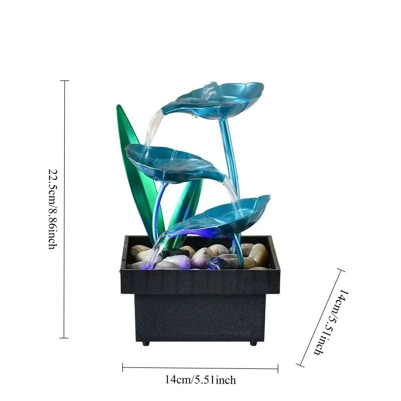 MINIDEAL Tischbrunnen für den Schreibtisch mit 3-stöckigem Wasserfall, blaues Lotusblatt und LED-Licht, USB-Betrieb - Bild 5