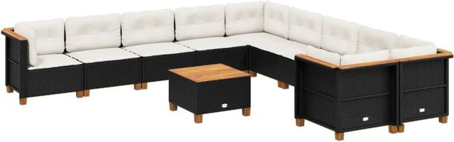 vidaXL 11-tlg Garten-Sofagarnitur aus Poly-Rattan und Akazienholz in Schwarz mit Kissen - Bild 1