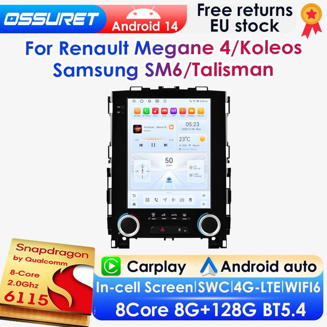 OSSURET Android 14 Autoradio mit 9,7 Zoll Vertikalbildschirm für Renault Koleos, Megane 4, Samsung SM6 und Talisman, Schwarz, mit GPS, Bluetooth, Wireless Carplay und Android Auto - Bild 1