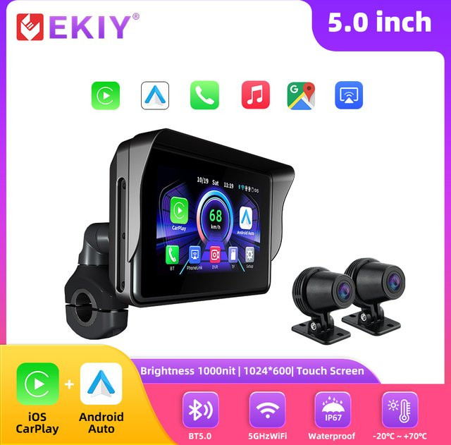 EKIY 5-Zoll tragbares Motorrad-Display mit GPS, wasserdicht, Wireless Android Auto und CarPlay, Schwarz - Bild 1