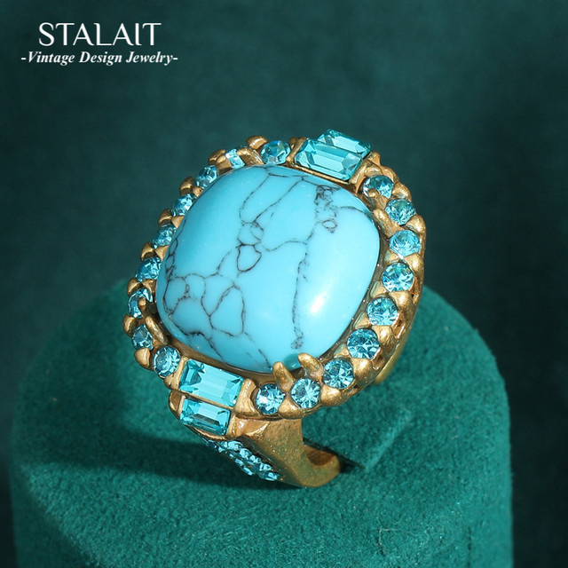 STALAIT Ring, Vintage Art Deco, Türkis, 18 Karat vergoldet, Kupferfarben, Unisex - Bild 1