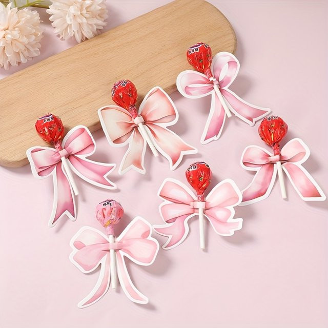 48 Stück Lollipop-Dekokarten mit rosa Fliege-Design in Pink, Rot und Weiß für Babypartys und Geburtstagsfeiern - Bild 1