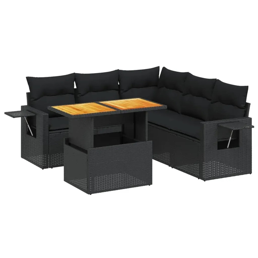 vidaXL 6-teilige Garten-Sofagarnitur in L-Form aus schwarzem Poly-Rattan mit Kissen und pulverbeschichtetem Stahlrahmen - Bild 2