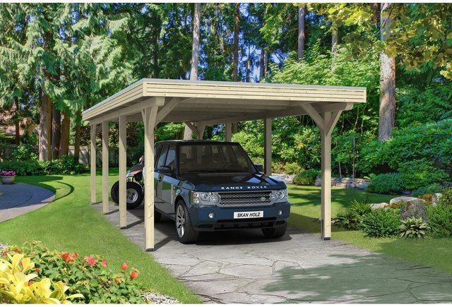 Skan Holz Carport Spessart Flachdach aus Leimholz Fichte in Beige mit Aluminium-Dachplatten, B/T: 355 x 846 cm, Höhe: 243 cm - Bild 1