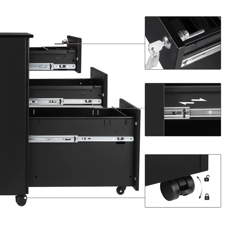 Songmcis Rollcontainer mit 3 Schubladen und Schloss für das Home Office, B/T/H: 45 x 30 x 60 cm - Bild 6