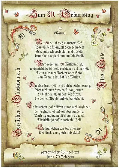 Personalisierte Urkunde zum 20. Geburtstag von tantum graphic in Beige im Vintage-Stil auf rechteckigem Papier - Bild 1