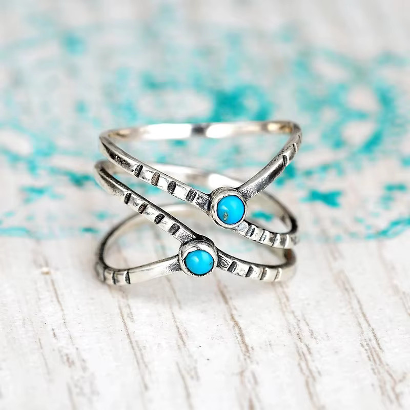 Huitan Ring, Kreuz Design, Blauem Acryl Stein, Silber, Damen - Bild 3