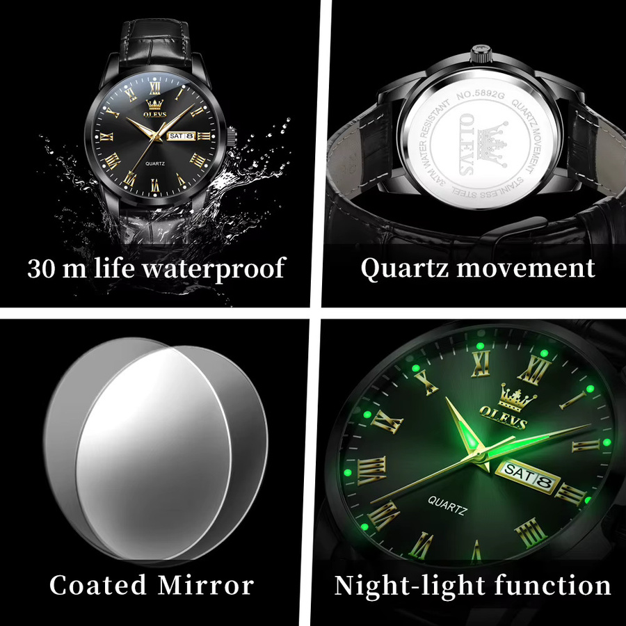 OLEVS Armbanduhr, Quarz, Leder, Gold, Bicolor, Herren - Bild 6