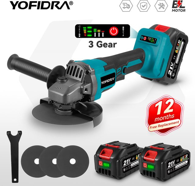 YOFIDRA Bürstenloser Winkelschleifer 125mm mit 3-Gang Akku-Schleifmaschine für Holzbearbeitung, kompatibel mit Makita 21V Akku - Bild 1