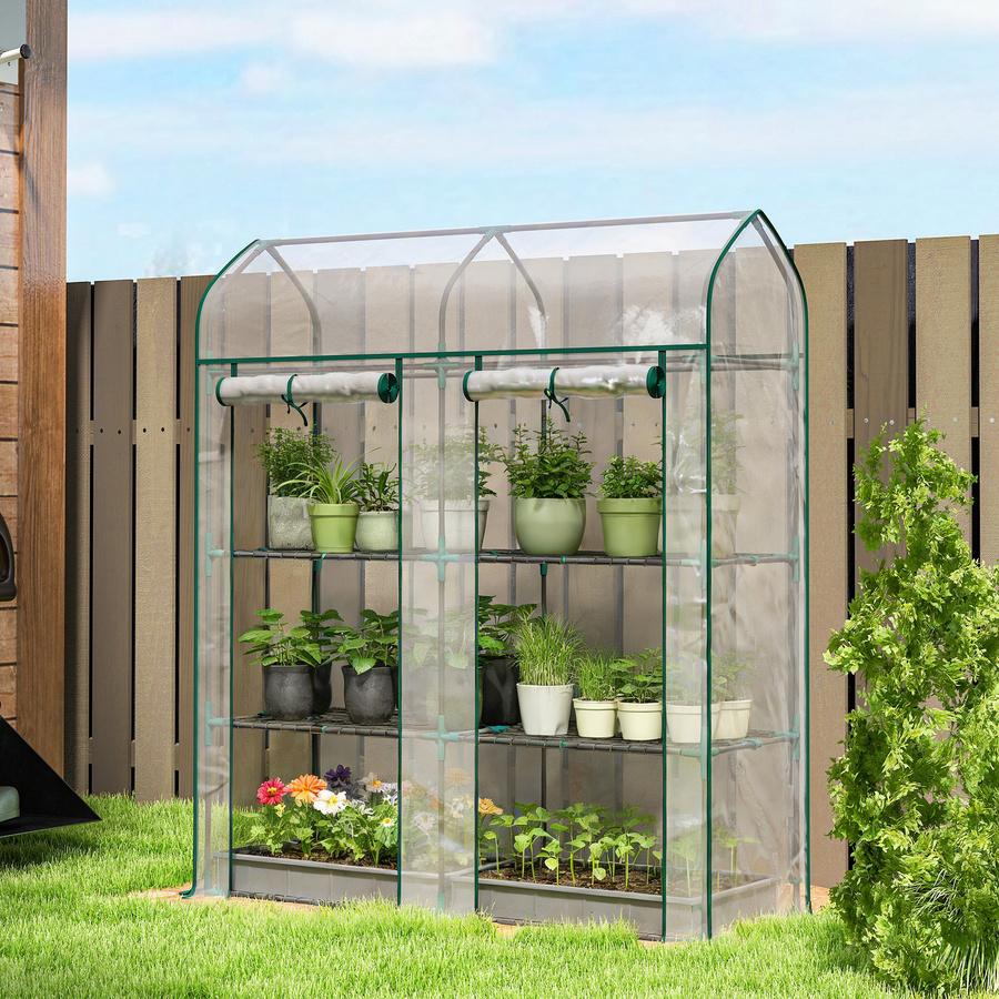 Outsunny Kleines Gewächshaus mit 3 Ebenen und 2 aufrollbaren Türen, Stahlrahmen und UV-beständiger Kunststoffabdeckung für den Pflanzenanbau, Transparent, B/T/H: 143 x 46 x 165 cm - Bild 2