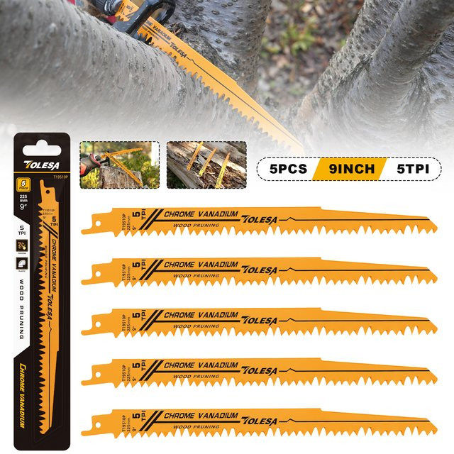 TOLESA 5er Set Holz-Säbelsägeblätter 225 mm für Holz und PVC-Rohre mit 5 TPI aus CRV-Stahl - Bild 1