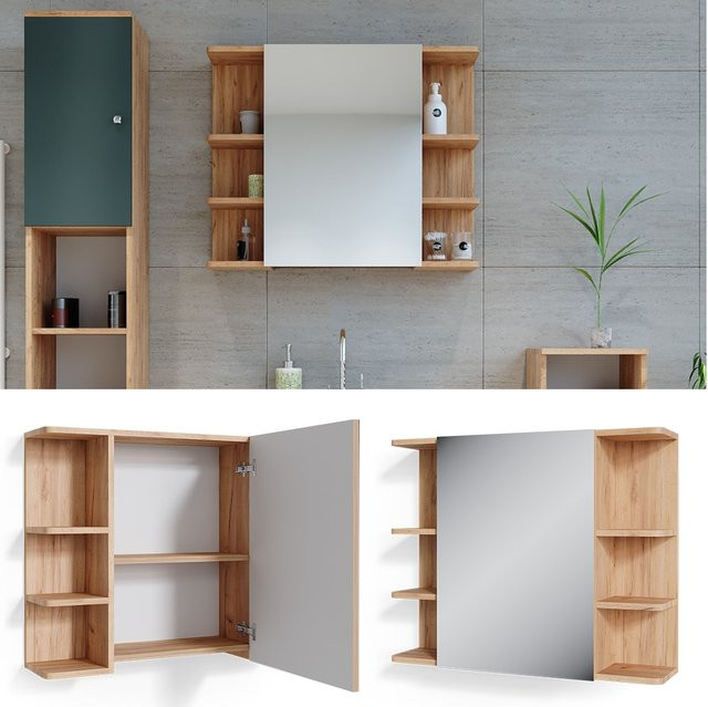 Vicco Badspiegelschrank Fynn Wandspiegel in Eiche und Grün mit Goldakzenten, Breite: 80 cm, Höhe: 64 cm - Bild 2