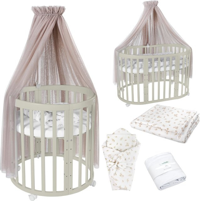 Waldin Babybett OWAL 7in1 Kinderbett aus Buchenholz mit Matratze, mitwachsendes Kinderbett, lackiert - Bild 1