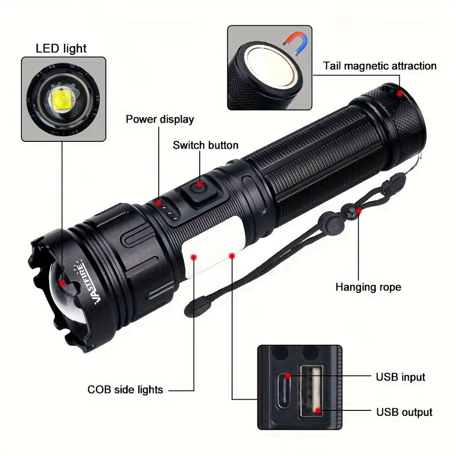 VASTFIRE Taktische LED-Taschenlampe mit USB-Aufladung, Zoom-Funktion und Anzeigeleuchte in Schwarz - Bild 4