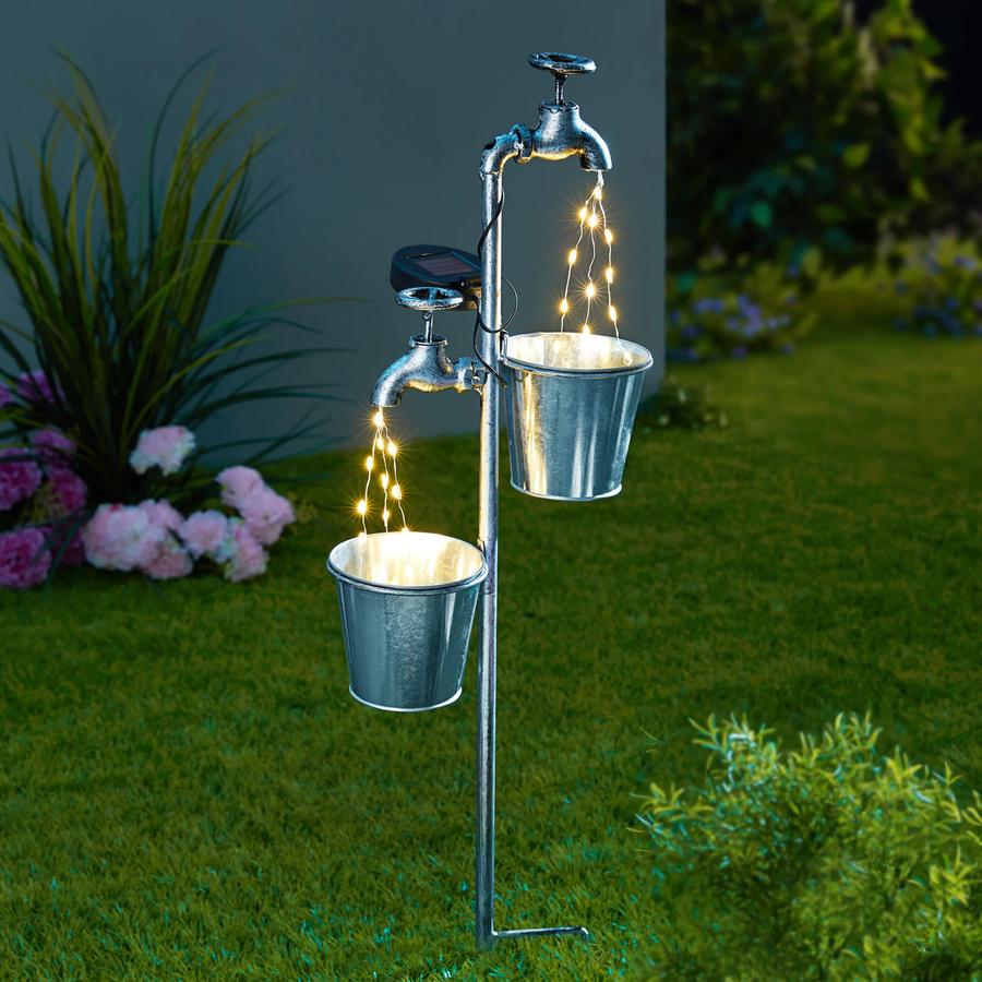 Viva Domo Solarstecker Wasserhahn-Duo LED Gartenleuchte in Silber/Grau mit Dämmerungssensor und warmweißem Licht - Bild 2