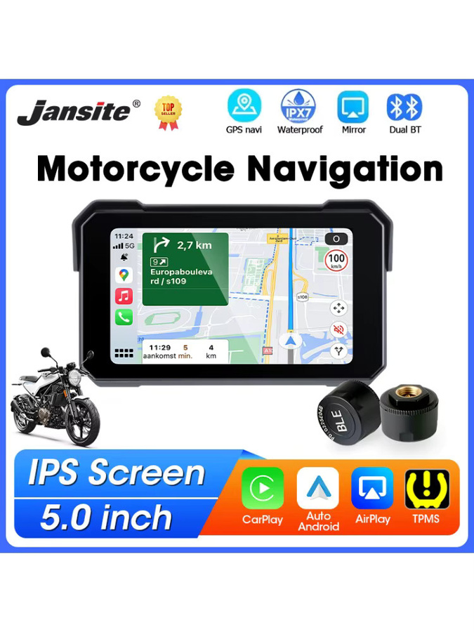 Jansite 5-Zoll Motorrad-GPS-Navigation mit kabellosem CarPlay und Android Auto, IP67 wasserdicht, IPS-Bildschirm und Dual-Bluetooth, Schwarz - Bild 7