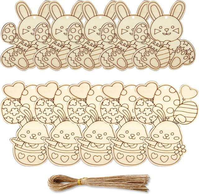 Tissy 10er Set Holz Kaninchen Anhänger in Beige als DIY Ostern Ei Dekoration für Kinder - Bild 1