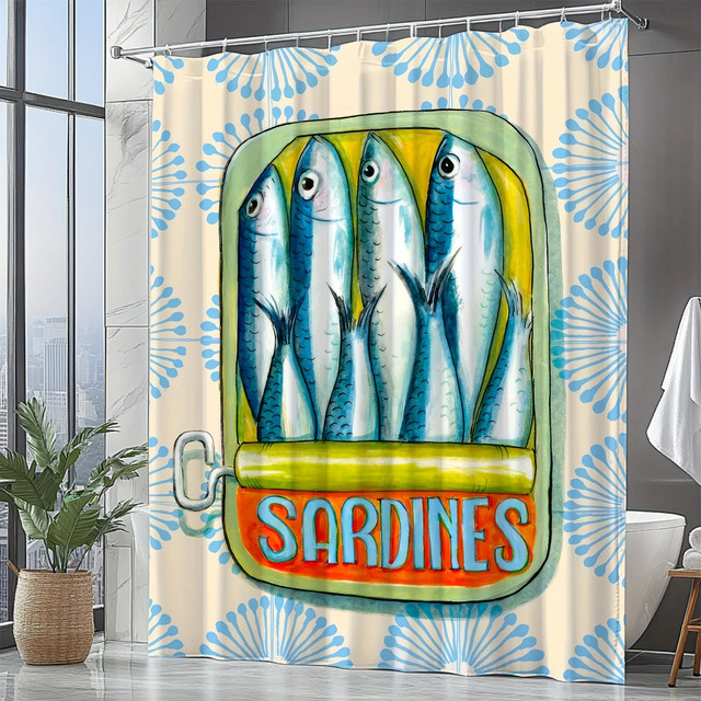 VIKAMA Duschvorhang mit Aquarell-Sardinen-Dosen-Motiv im Retro-Stil, wasserdicht und schimmelresistent, Polyester, Breite: 180 cm, Höhe: 180 cm - Bild 1