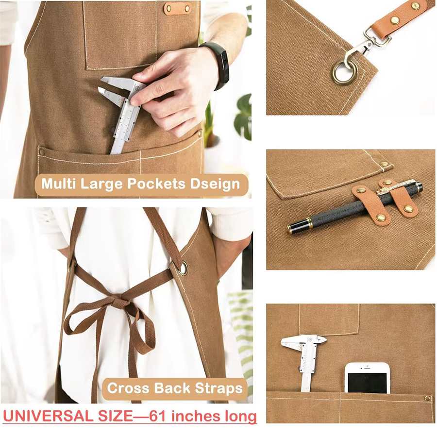 LMETJMA Kochschürze aus Baumwoll-Segeltuch mit Kreuzrücken und großen Taschen für Damen und Herren in Weiß und Braun - Bild 2