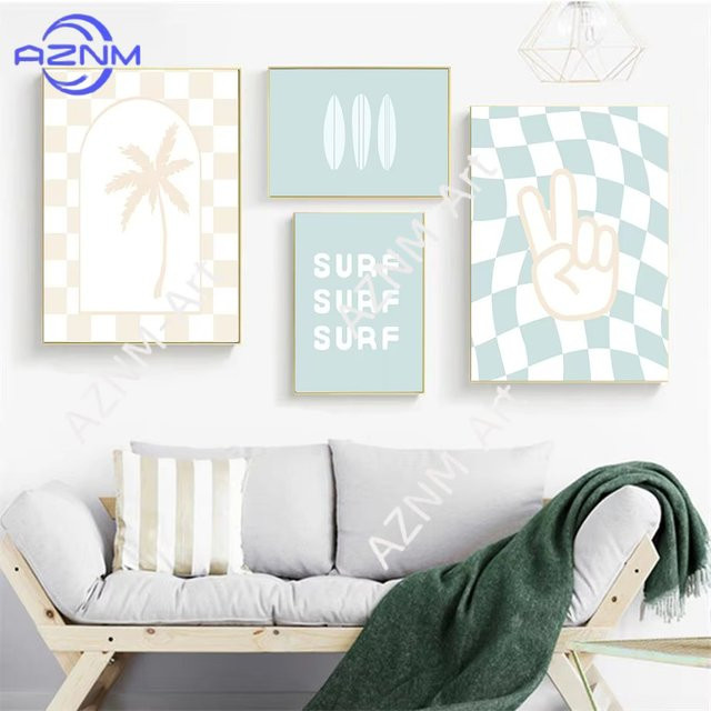 AZNM Wandkunst Poster Friedenszeichen und Surf Motiv als abstrakter Leinwanddruck für das Kinderzimmer in Mehrfarbig - Bild 1
