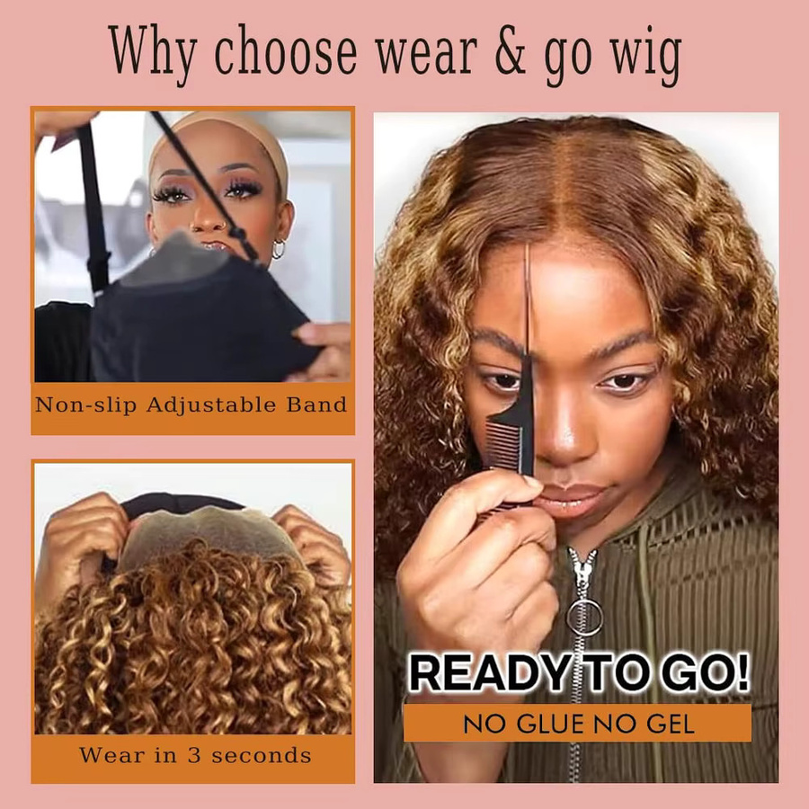 LETMIEO Wear & Go Glueless 5x5 HD Lace Closure Echthaarperücke, Deep Wave, P4/27 Honigblond Ombre Highlight - Bild 6