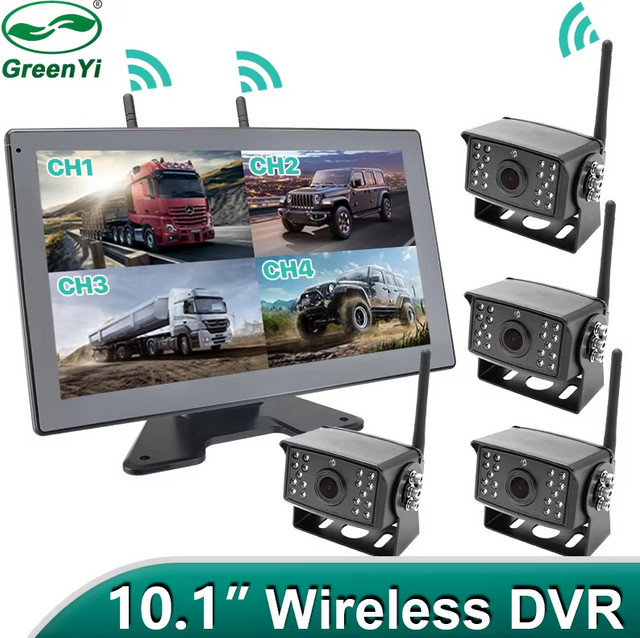 GreenYi 10 Zoll Blind Spot Touchscreen AHD Digitales DVR System mit 4 kabellosen WiFi Rückfahrkameras für Lkw, Anhänger, Bus und Wohnmobile in Schwarz - Bild 1