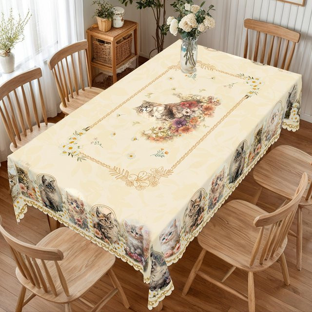 JMG Household Supplies Rechteckige Tischdecke mit Katzen- und Blumenmuster in Beige, B/T/H: 140 x 240 cm - Bild 1