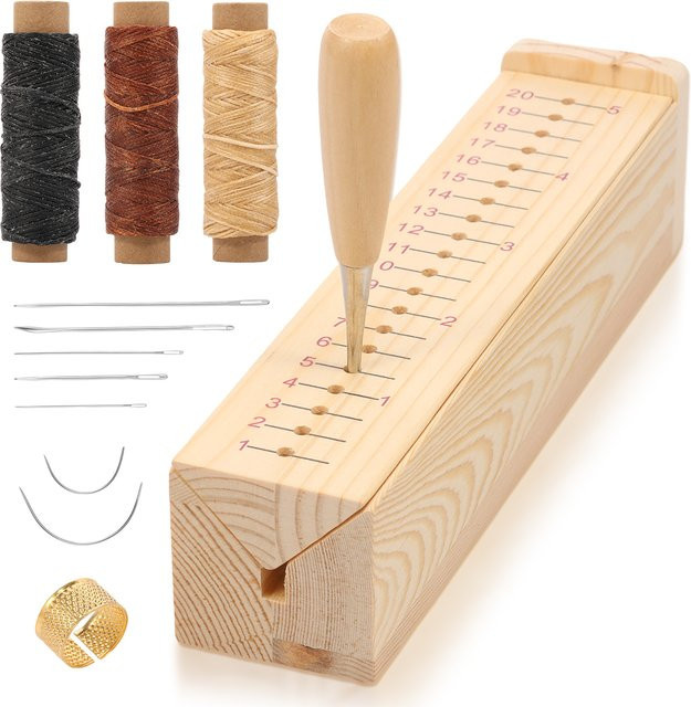 Holz-Buchbinde-Set mit Stanzwiege und Ahle in Braun für DIY-Bastelnotizbücher - Bild 1