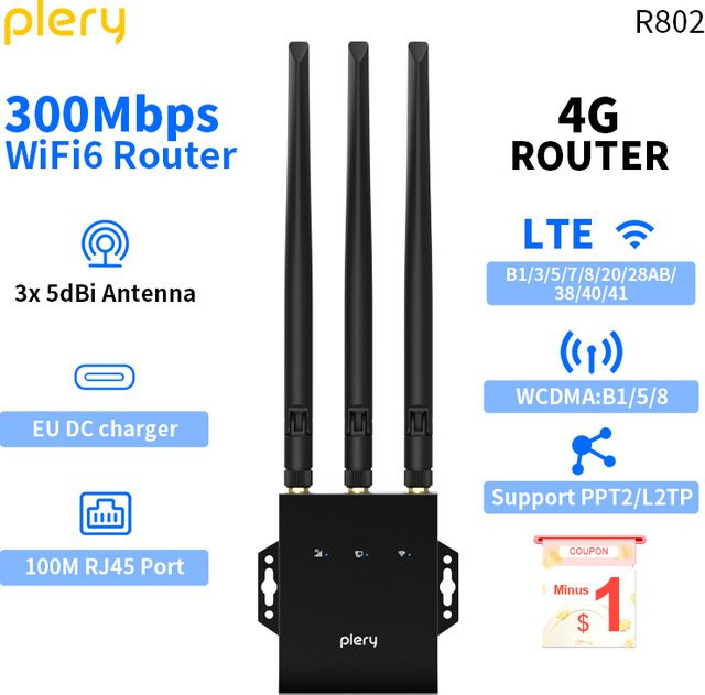 PLERY 4G LTE Router CAT.4 mit WiFi 6 und 300Mbps, Tragbares Internetgerät mit Nano-SIM-Karte, LAN/WAN-Anschluss und EU-Stecker, Schwarz - Bild 1