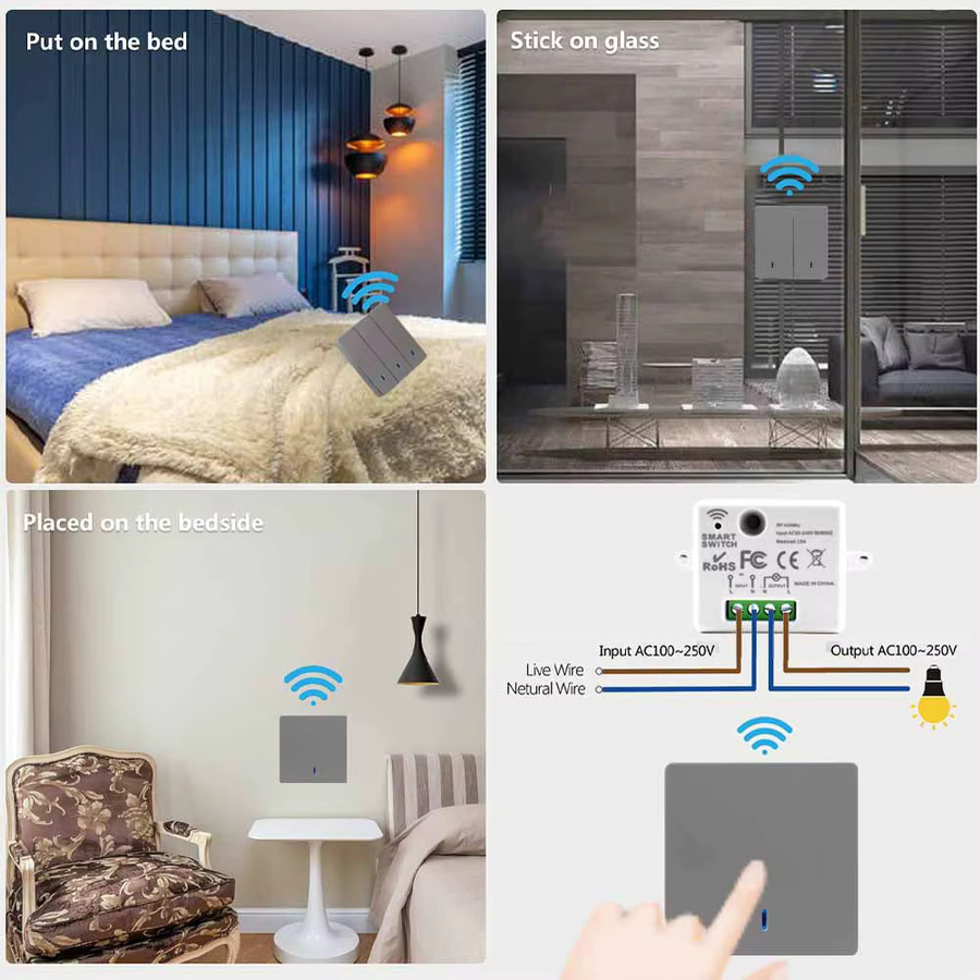 CENFAYA Drahtloser Lichtschalter mit RF 433MHz Wandpanel Fernbedienung und Mini-Relais-Empfänger Set, Weiß - Bild 3