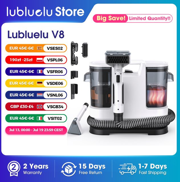 Lubluelu V8 Heißwasser-Teppichreiniger in Weiß mit 800 W Leistung, 1,75 l Tank und 15 kPa Saugkraft für Tiefenreinigung von Tierflecken - Bild 1