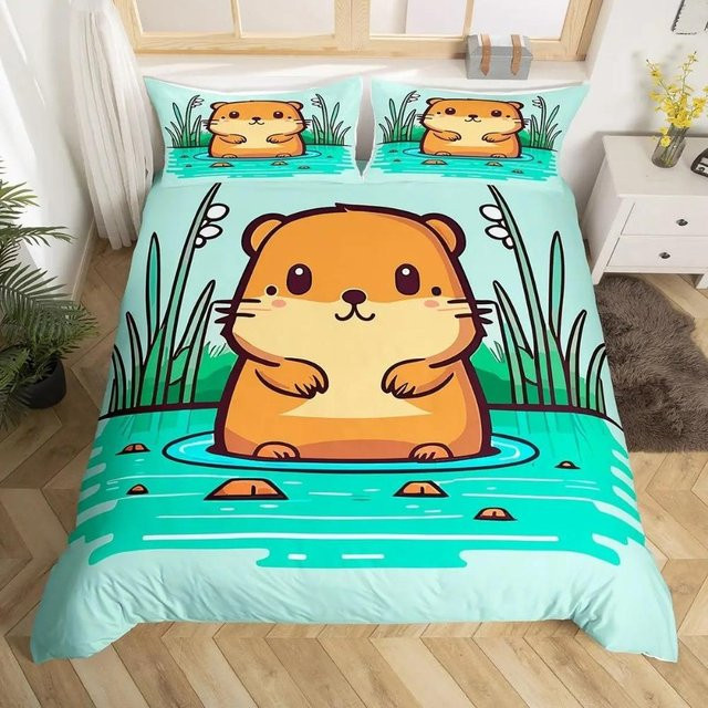 Bettwäscheset JMG Household Supplies mit Cartoon-Capybara-Aufdruck in Türkis, bestehend aus 1 Bettbezug und 2 Kissenbezügen, B/H: 140 x 210 cm - Bild 1