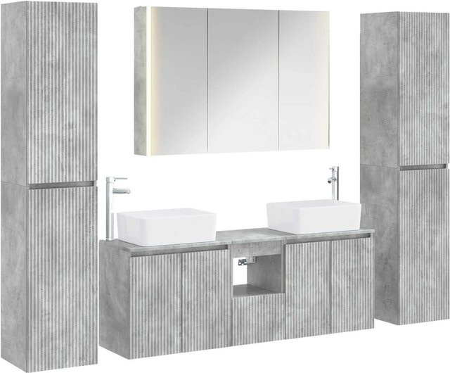 vidaXL Badezimmermöbel-Set 6-teilig in Betongrau mit Glas und Holz, modern mit LED-Beleuchtung, Waschtischunterschrank und Spiegelschrank - Bild 1