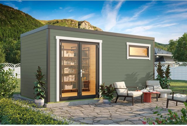 Lasita Holz-Gartenhaus Sardinia Blockbohlenhaus mit Flachdach in Grau-Grün lasiert, B/H/T: 500 x 239,4 x 250 cm - Bild 1