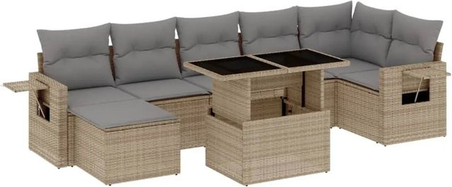 vidaXL 8-tlg Garten-Sofagarnitur in L-Form aus Poly-Rattan mit Kissen, Beige - Bild 1