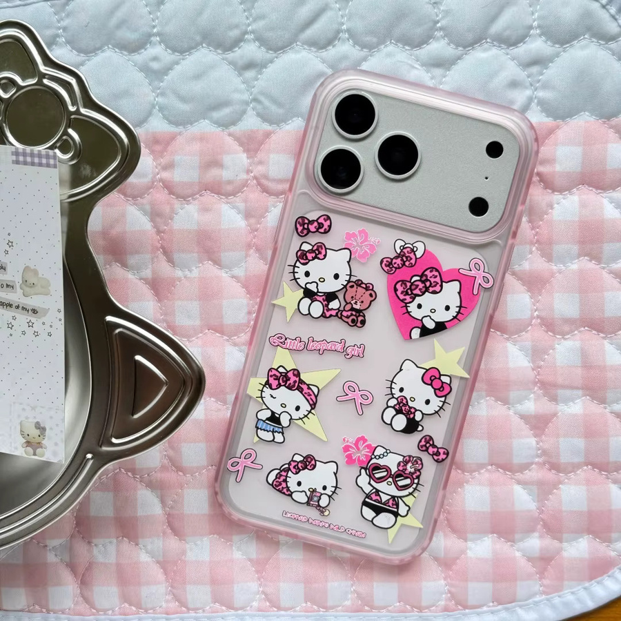 Hello Kitty Schutzhülle für iPhone 17 16 15 Pro Max mit Leopardenmuster in Pink und Transparent, mattes weiches Silikon, stoßfest - Bild 2