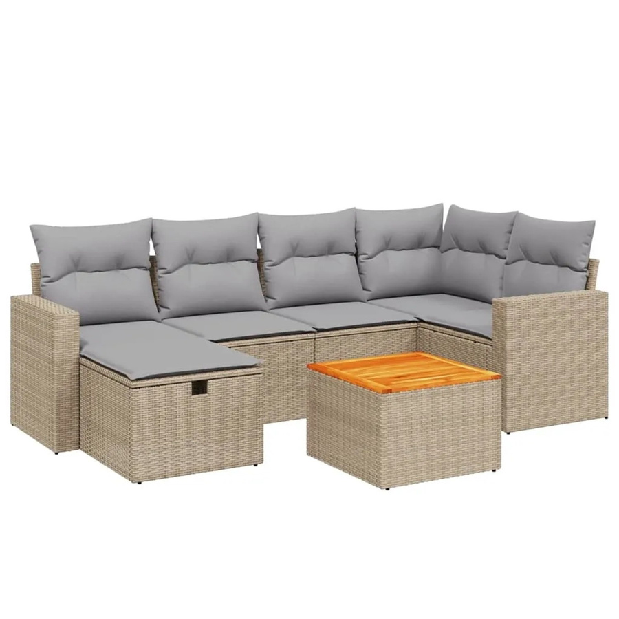 vidaXL 7-tlg Garten-Sofagarnitur in L-Form aus Poly Rattan mit Kissen und Tisch in Beige - Bild 2