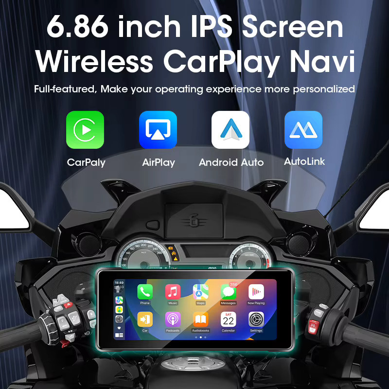 Srnubi Motorrad Dashcam mit 6,86 Zoll Display, 1080P Dual Cam, GPS Navigation, Wireless CarPlay und Android Auto, inklusive TPMS, Schwarz - Bild 2