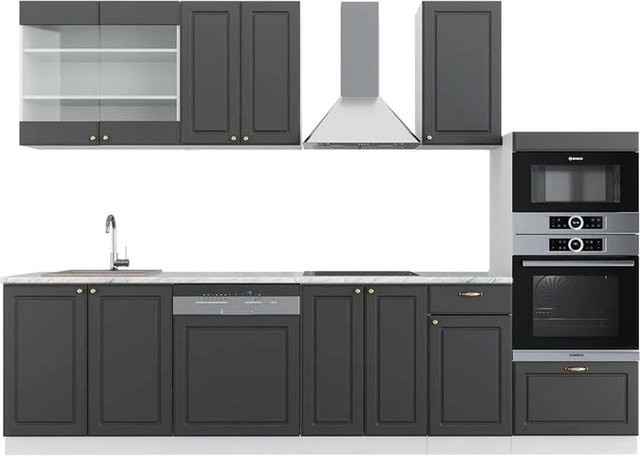 Vicco Fame-Line Küchenzeile in Anthrazit-Gold/Weiß mit Hochschrank und Marmor-Optik, Breite: 300 cm - Bild 1
