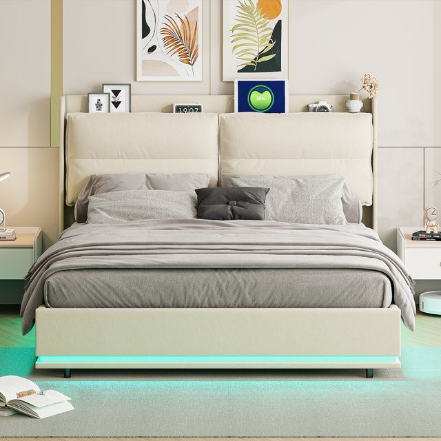Fangange Polster-Doppelbett Beige mit hydraulischem Hubbett, Stauraum, RGB-LED-Beleuchtung und USB Typ-C, inklusive Lattenrost, B/T: 140 x 200 cm - Bild 1