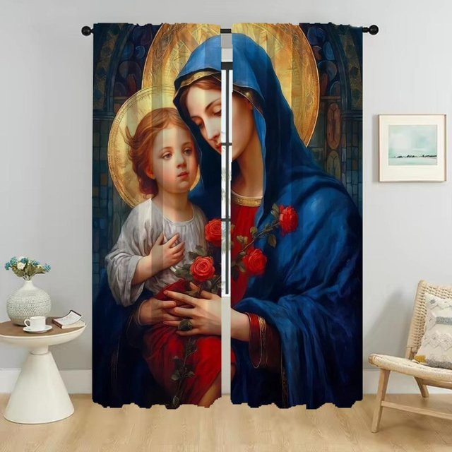 Set aus 2 semi-transparenten Vorhängen mit Jungfrau Maria Motiv in Blau für Schlafzimmer und Dekoration, Breite: 50 cm, Höhe: 70 cm - Bild 1