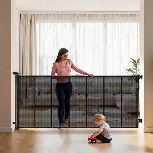 VEVOR Ausziehbares Babygitter in Schwarz, Extra Breit bis 305 cm, Höhe: 98 cm, mit verstärkten Glasfaserstreifen und Mesh-Gewebe für Innenbereich, Türen und Garagen - Bild 1