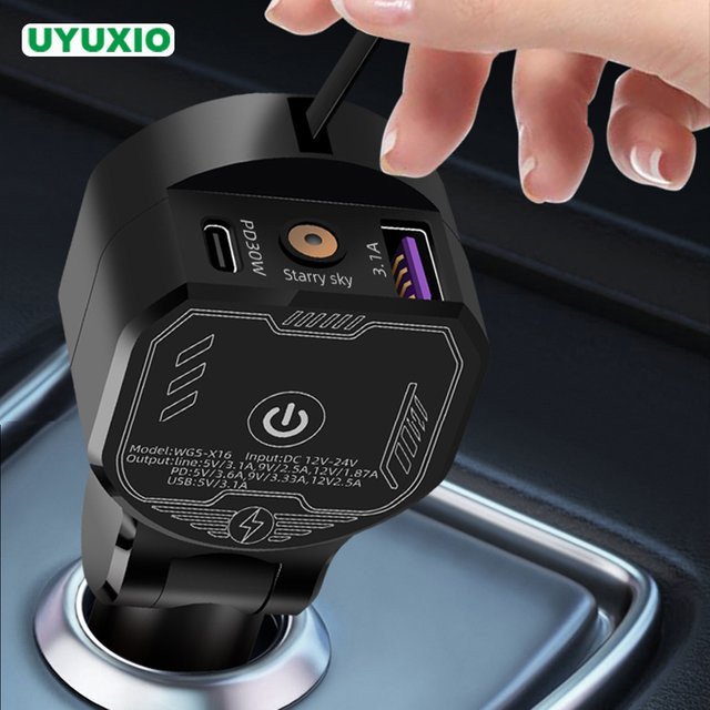 UYUXIO 3-in-1 Einziehbares Autoladegerät mit 30 W PD Schnellladefunktion und Sternenlicht-Design in Schwarz für iPhone, Samsung und MacBook - Bild 1