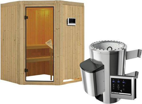 Karibu Sauna Wolmar aus Fichtenholz in Beige inklusive 3,6 kW Saunaofen mit externer Steuerung für 3 Personen, B/T/H: 198 x 151 x 151 cm - Bild 1