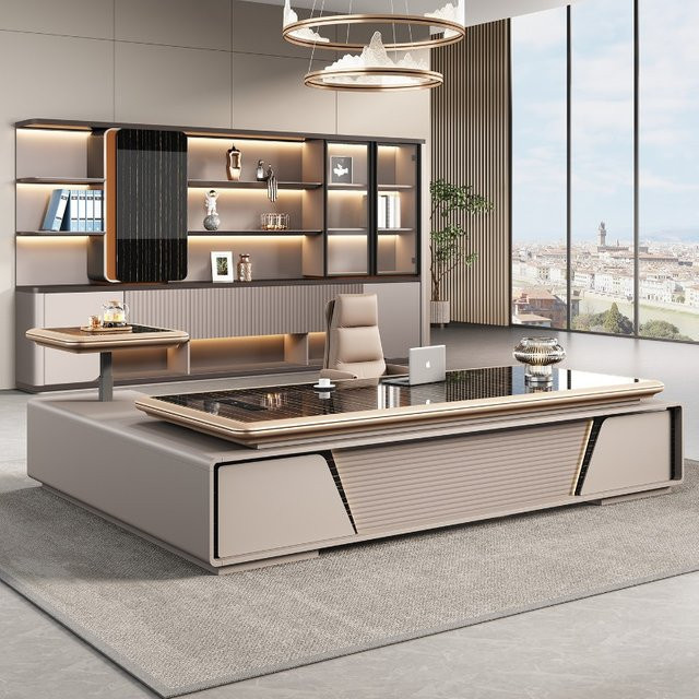 DUTRIEUX Gaming Schreibtisch Modern in Beige mit Schublade für Home Office und Schlafzimmer - Bild 1