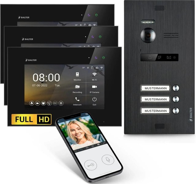 Balter EVO-HD Video-Türsprechanlage mit App für Dreifamilienhäuser inklusive 3x 7 Zoll Monitor in Schwarz - Bild 1
